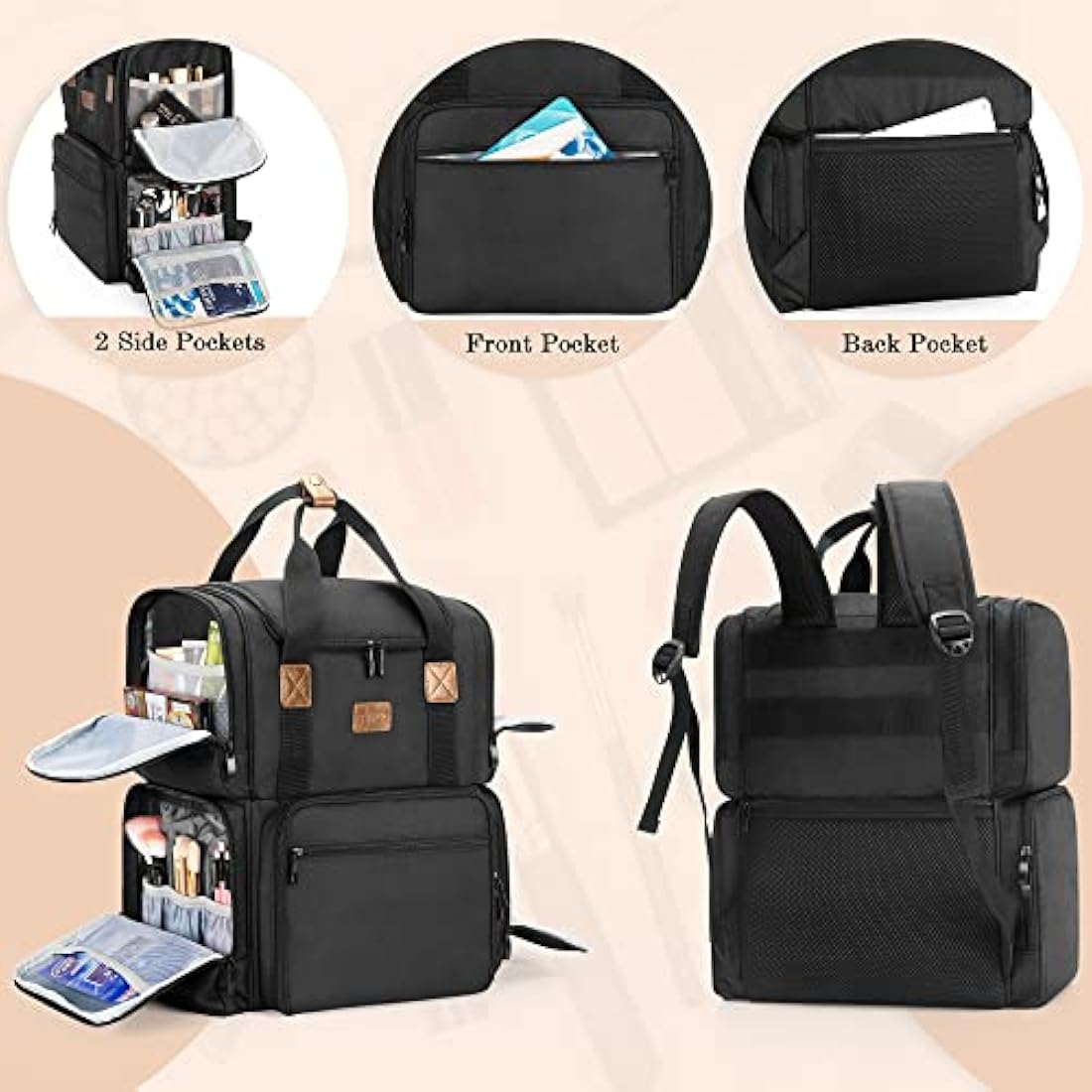 BAFASO Makeup Backpack with 3 Inner Removable Pouches, Travel Makeup Bag with Multiple Pockets, Black