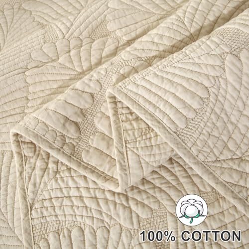 Qucover Beige Bedspread Soft and Comfortable Cotton Quilted Bedspreads King Size with Elegant Embroidered Palm Leaf Pattern, 3 Pieces Bedspreads