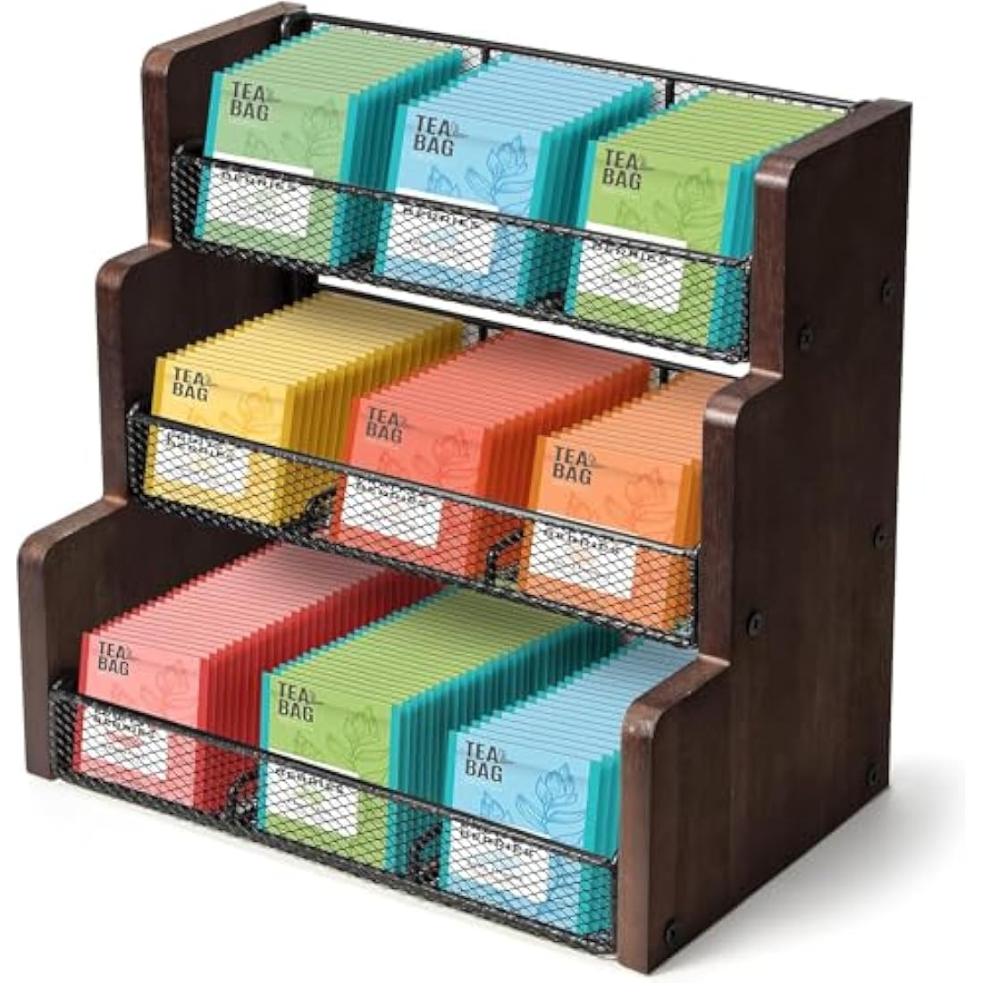 THYGIFTREE 3 Tier Tea Bag Holder, Tea Bag Storage, Solid Wood Tea Bag Organizer Box for Kitchen, Office, Countertop,Sugar Packets, Creamers Holder(Black)
