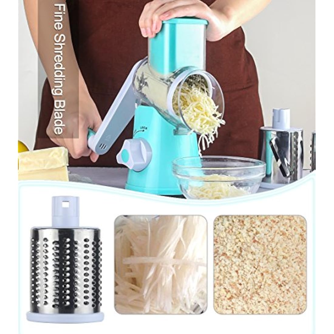 Ourokhome Rotary Cheese Grater Chopper - Vegetable Mandoline Slicer with 3 Interchangeable Ultra Sharp Cylinders Stainless Steel Blades（Blue）