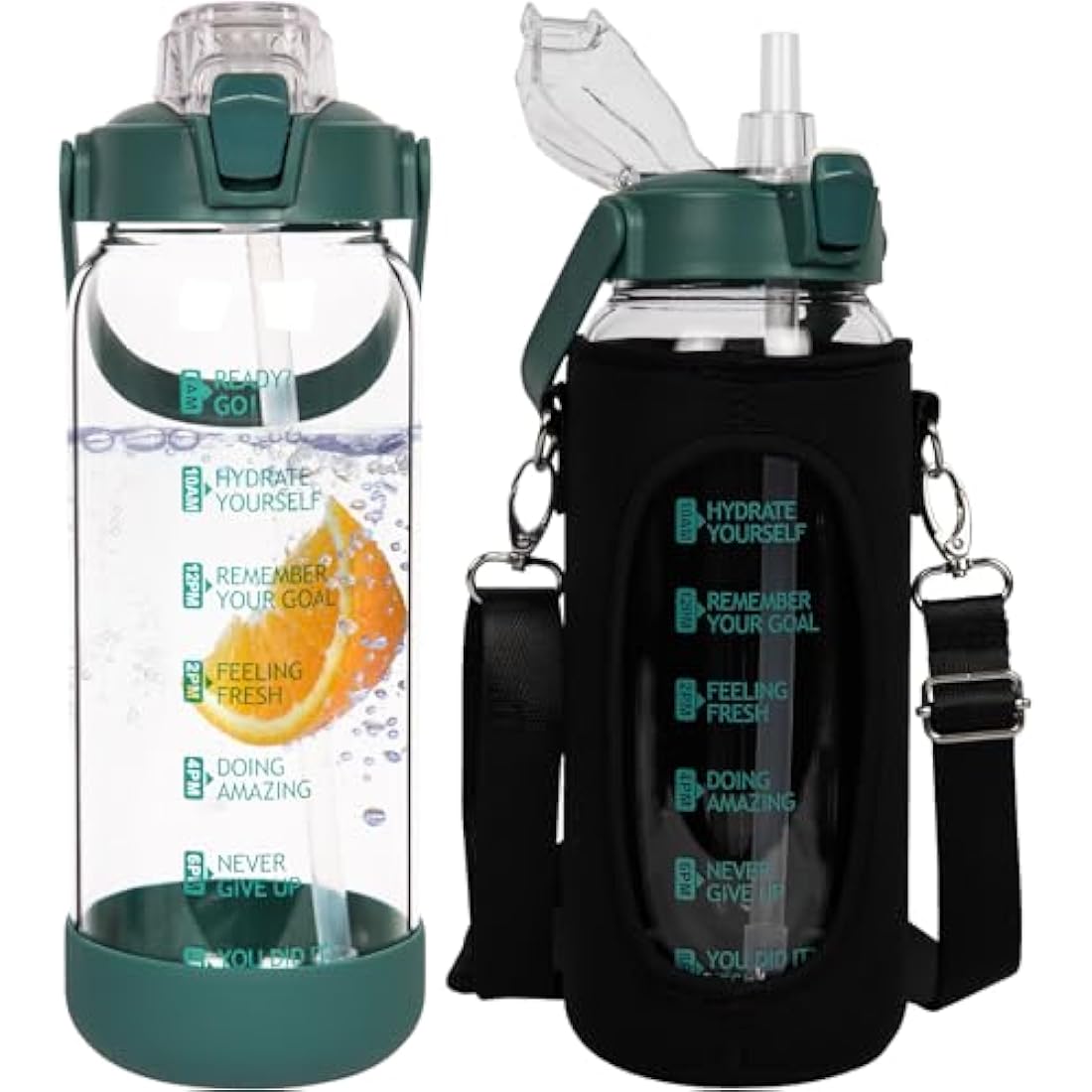 Seekua 2l Glass Water Bottle with Straw & Motivational Time Markings 2 litre Large Leakproof Gym Drinking Bottle