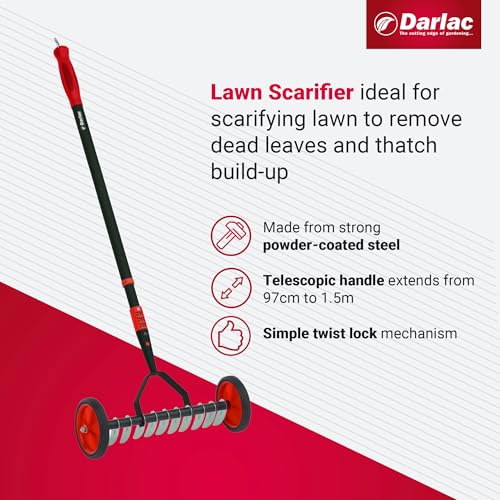 Darlac Lawn Scarifier ? For Lawn Care & Maintenance ? Made From Strong Powder-Coated Steel ? Telescopic Handle Adjusts to Suit Height ? Extends 97cm