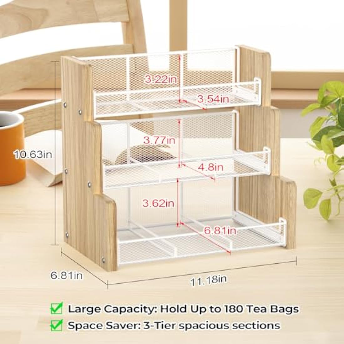 THYGIFTREE Tea Bag Organizer, 3 Tier Tea Box Storage, Solid Wood Tea Bag Holder for Kitchen, Office, Countertop,Sugar Packets, Creamers Holder