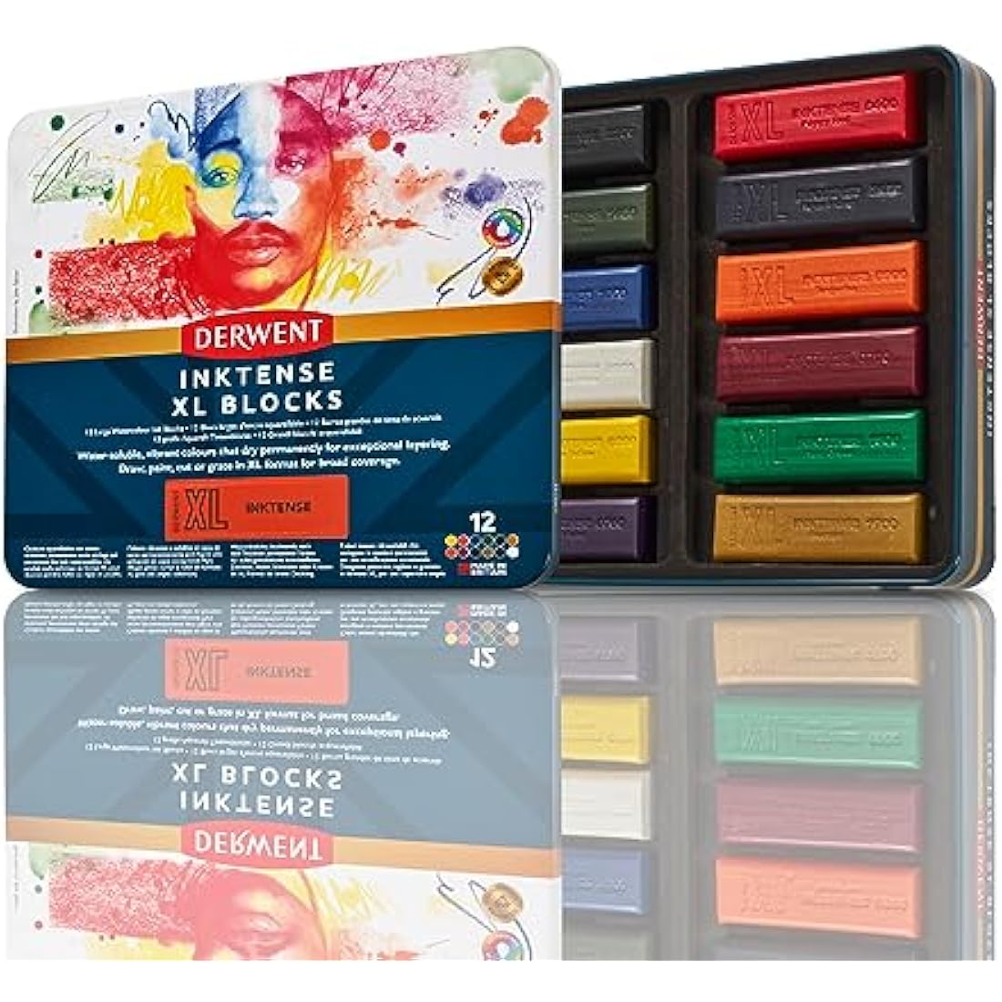 Derwent Inktense XL Blocks 12 Tin, Set of 12, 60mm Extra-Large Block, Water-soluble, Ideal for Sketching, Drawing and Expressive Mark Making, Professional Quality, 2306162