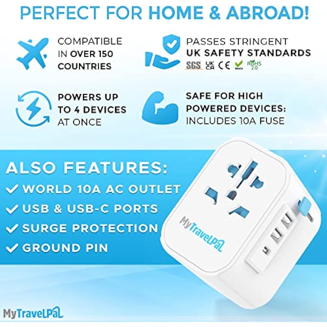 Worldwide Travel Adapter with USB-C | The Safest All In One Travel Adaptor | MyTravelPal® Pro Grounded Universal Travel Adapter Worldwide | Earthed International World Charger Travel Plug Adapter
