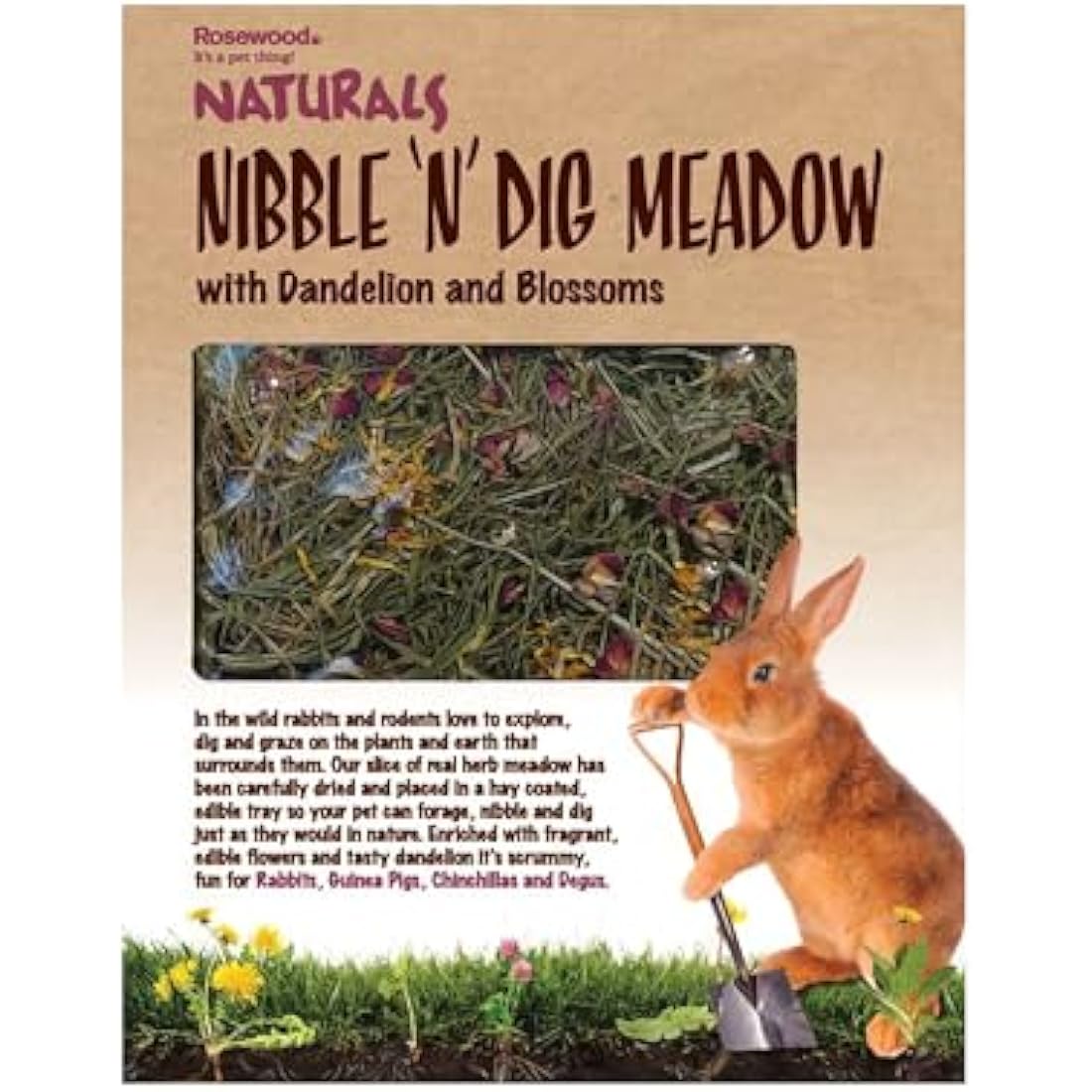 Rosewood Naturals Nibble 'n' Dig Meadow, Small Animal Treat and Toy for Rabbits, Guinea Pigs, Chinchillas and Degus, Rich in Hay and Herbs