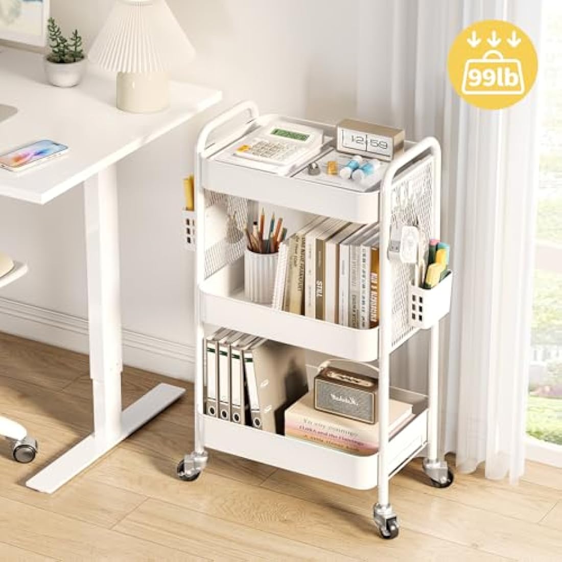 Urackify Storage Trolley on Wheels for Variety Applications, 3 Tier Trolley with Extra DIY Pegboards,Handing Bins, and Hooks for Living Room, Kitchen, Bathroom, Office, Classroom, White