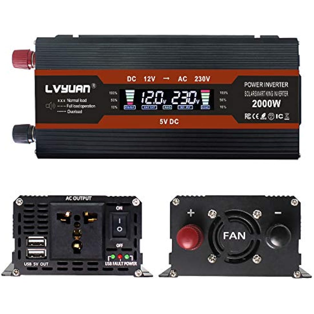 Cantonape 1000W Power Inverter DC 12V to 230V 240V AC Car Converter 12V Inverter with 12v Cigarette Lighter, 2 USB, universal Sockets Car Adapter and LCD Display, (peak 2000W<10ms)