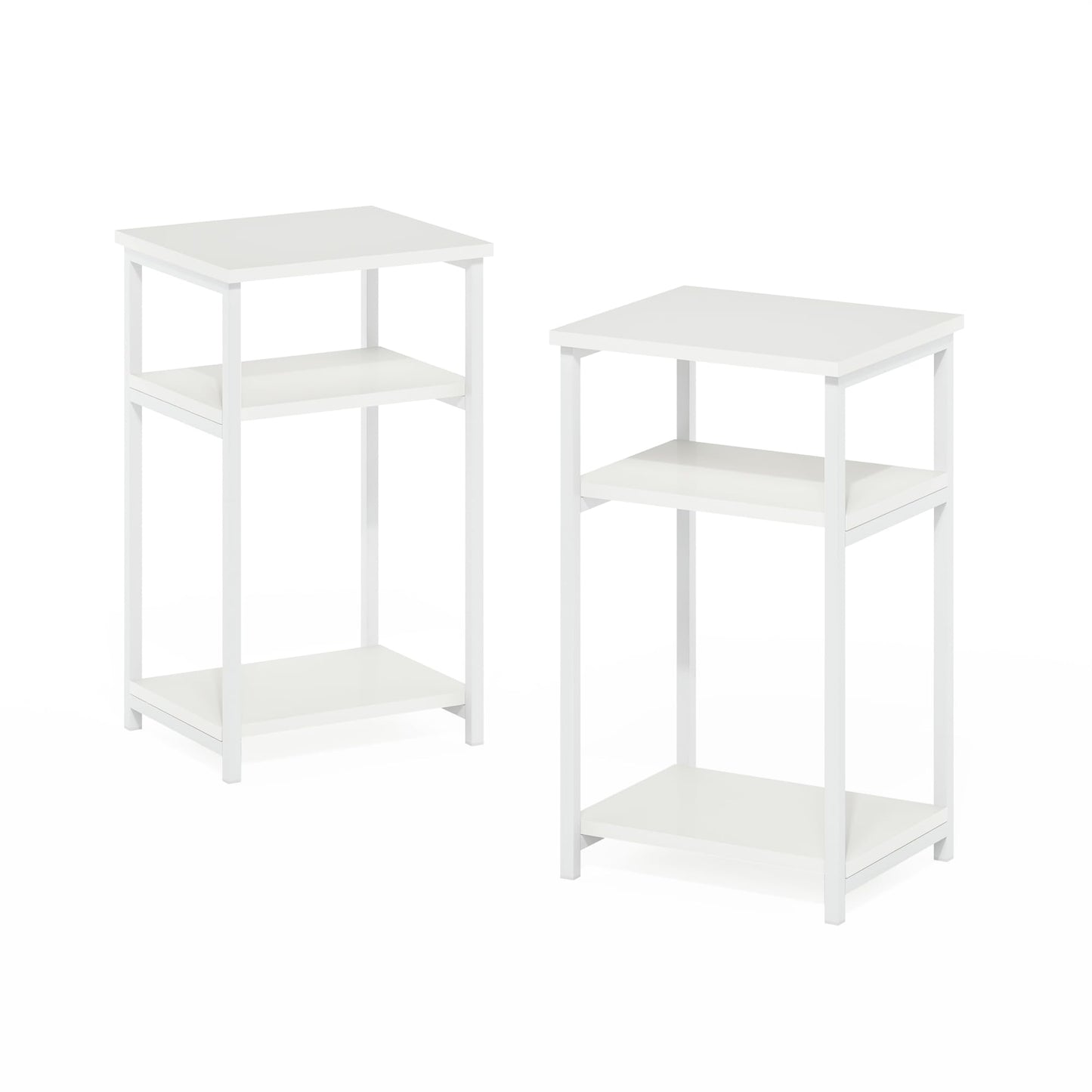 Furinno JUST Side Table Set of 2, 3-Tier Metal Frame End Table with Open Shelf, Night Stand, Bedside Table, for Living Room, Bedroom, White