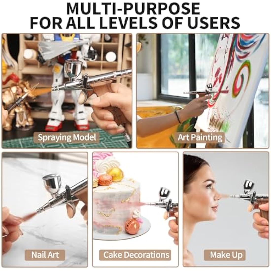 Bucasso Airbrush Kit, Air Brush Spray Gun with 0.3mm/0.5mm/0.8mm Needles/Nozzle Sets, 3cc/7cc/11cc Replaceable Fluid Cup for Painting Model Nails Cake Tattoo Makeup (Walnut01)
