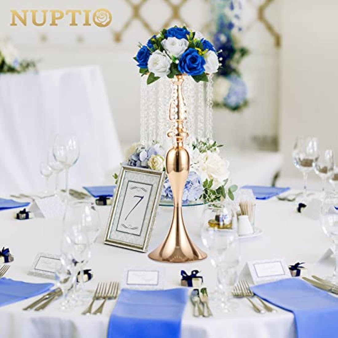 NUPTIO Artificial Flower Ball Centrepieces: 2 Pcs Royal Blue & White Fake Flowers Roses Balls 24cm Diameter for Centerpiece Faux Silk Rose Arrangements for Wedding Reception Party Table Decorations
