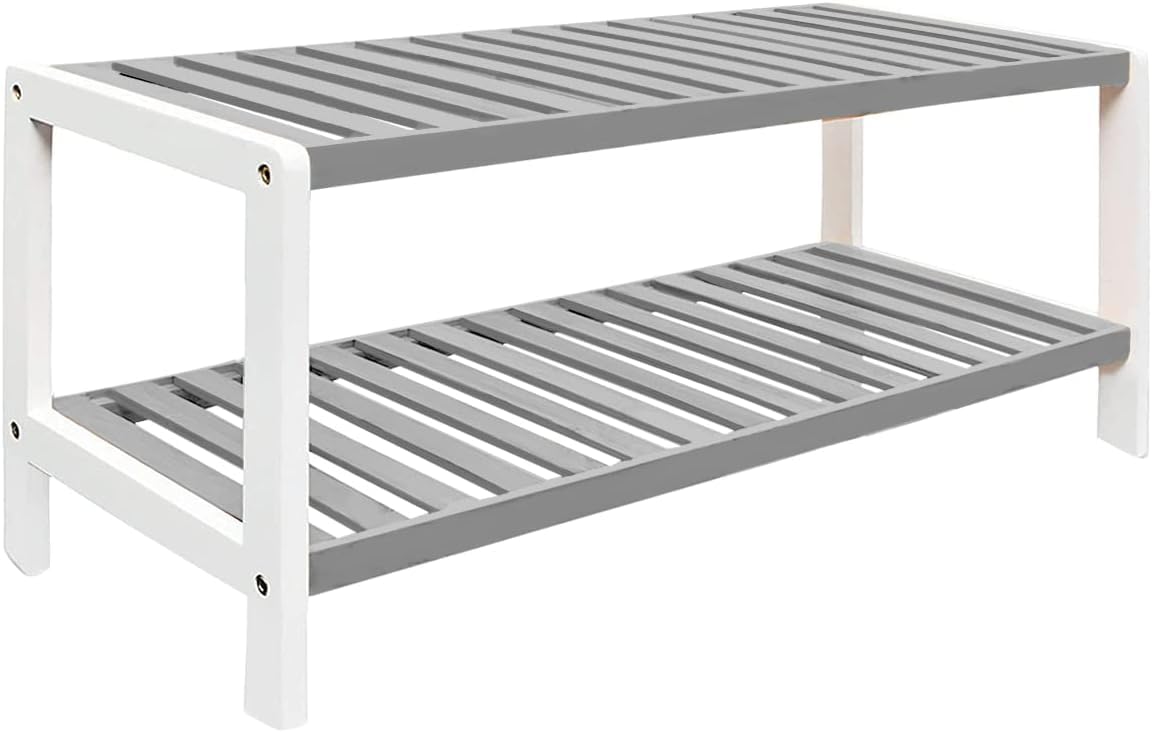 1ABOVE Bamboo Shoe Rack, Plant Rack, Perfect for Corridor, Living Room, Bathroom, Bedroom, Hallway or Small spaces-Parent. (Grey & White, 2 Tier)