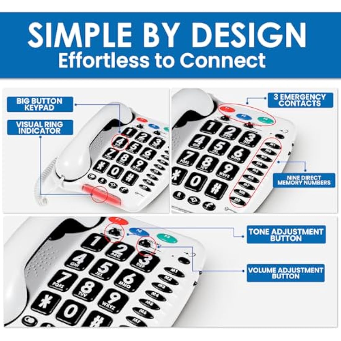 Geemarc CL100 - Big Button Corded Telephone with Loud Receiving Volume and One-touch Memories for Seniors - Hearing Aid Compatible - Low to Medium Hearing Loss - UK Version