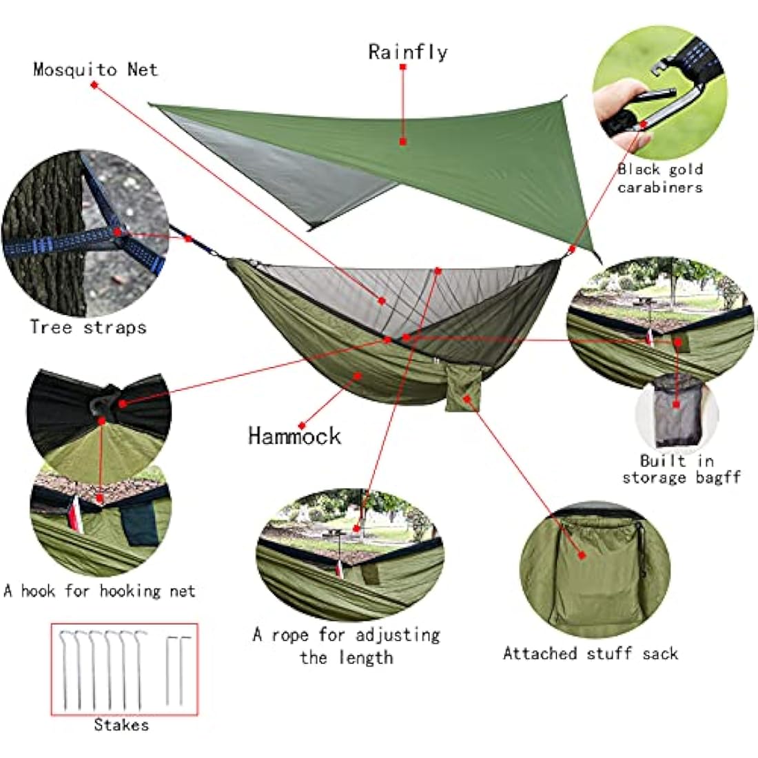 Oversized rain rope tarp and camping hammock with mosquito net, portable single double hammock with tree strap hammock set for camping, backpacking hikes, outdoor backyard
