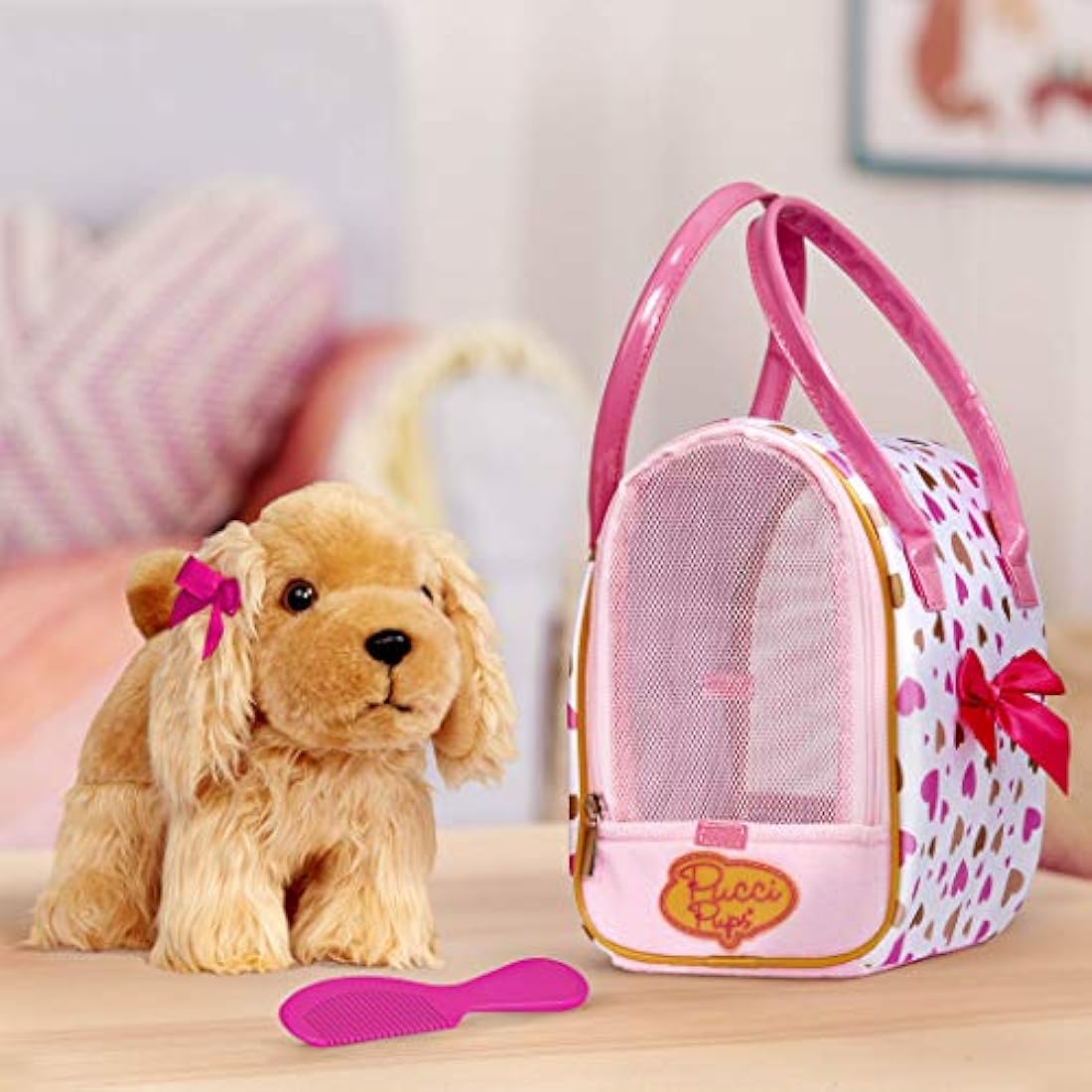 Pucci Pups – Plush Puppy – Dog Carrier – Toy Cocker Spaniel – Pink & Golden Heart Print Bag & Cocker Spaniel and Comb– Stuffed Animal – 3+ Years