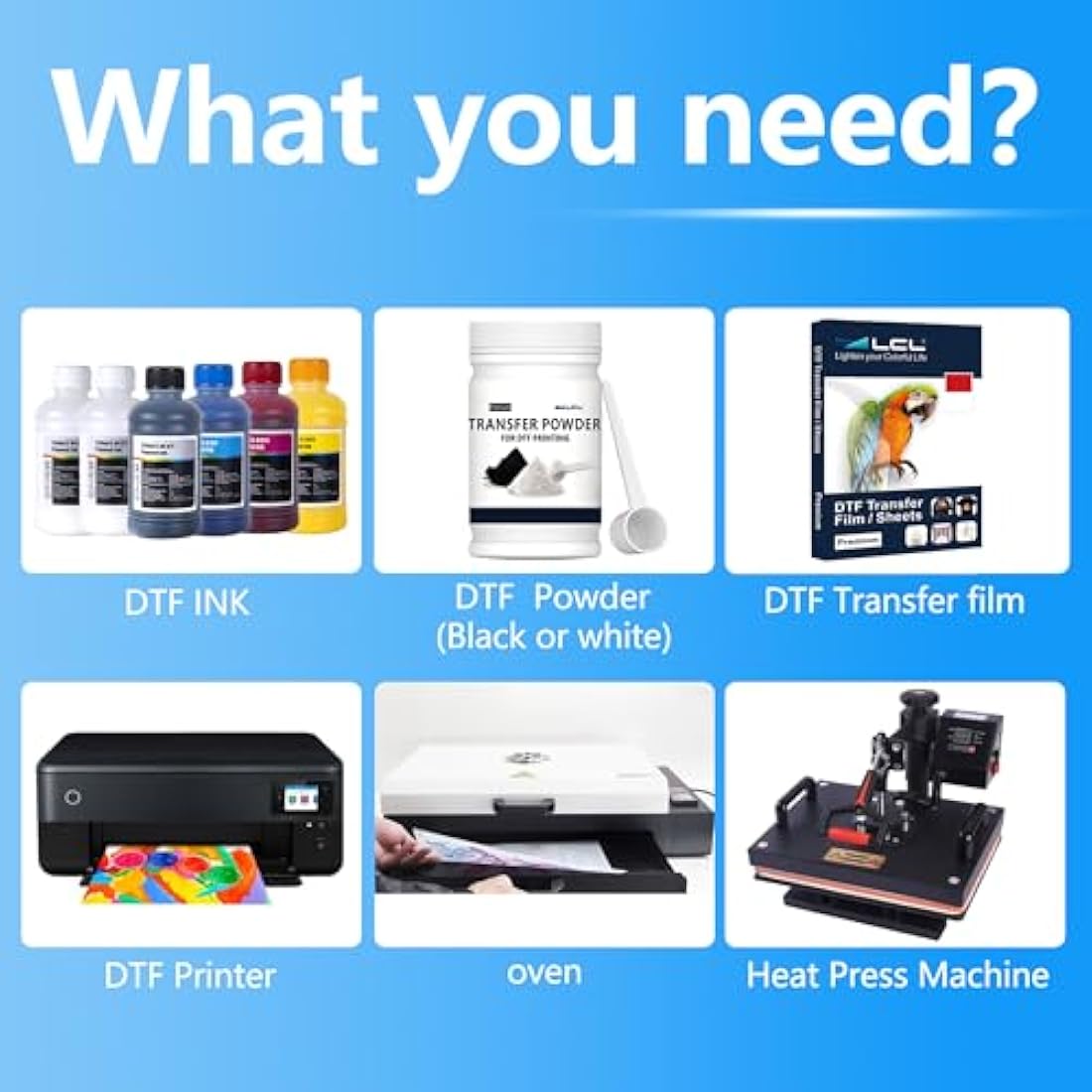 LCL 1500ML Premium DTF Ink Refill for Inkjet Printers Heat Transfer Film Printing (250ml x 6 CMYK 2Wh) Replacement for Epson L800L1800 L805 R1390 4720 I3200 XP600 DX7 DX5 5113 1430 TX800P400 P408 P640