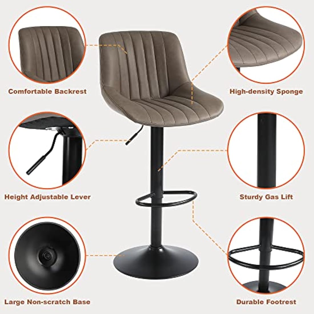 Youhauchair Bar Stools Set of 2, Swivel Counter Height Barstools with Back, Adjustable PU Leather Bar Stool, Modern Kitchen Breakfast Bar Stools, Brown