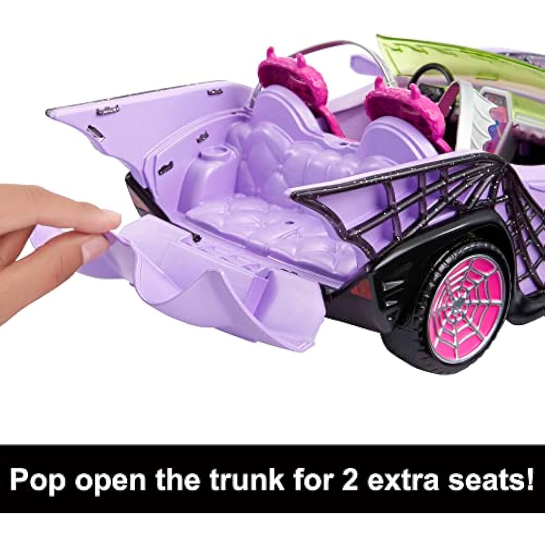 Monster High Toy Car, Ghoul Mobile with Pet and Cooler Accessories, Purple Convertible with Spiderweb Details
