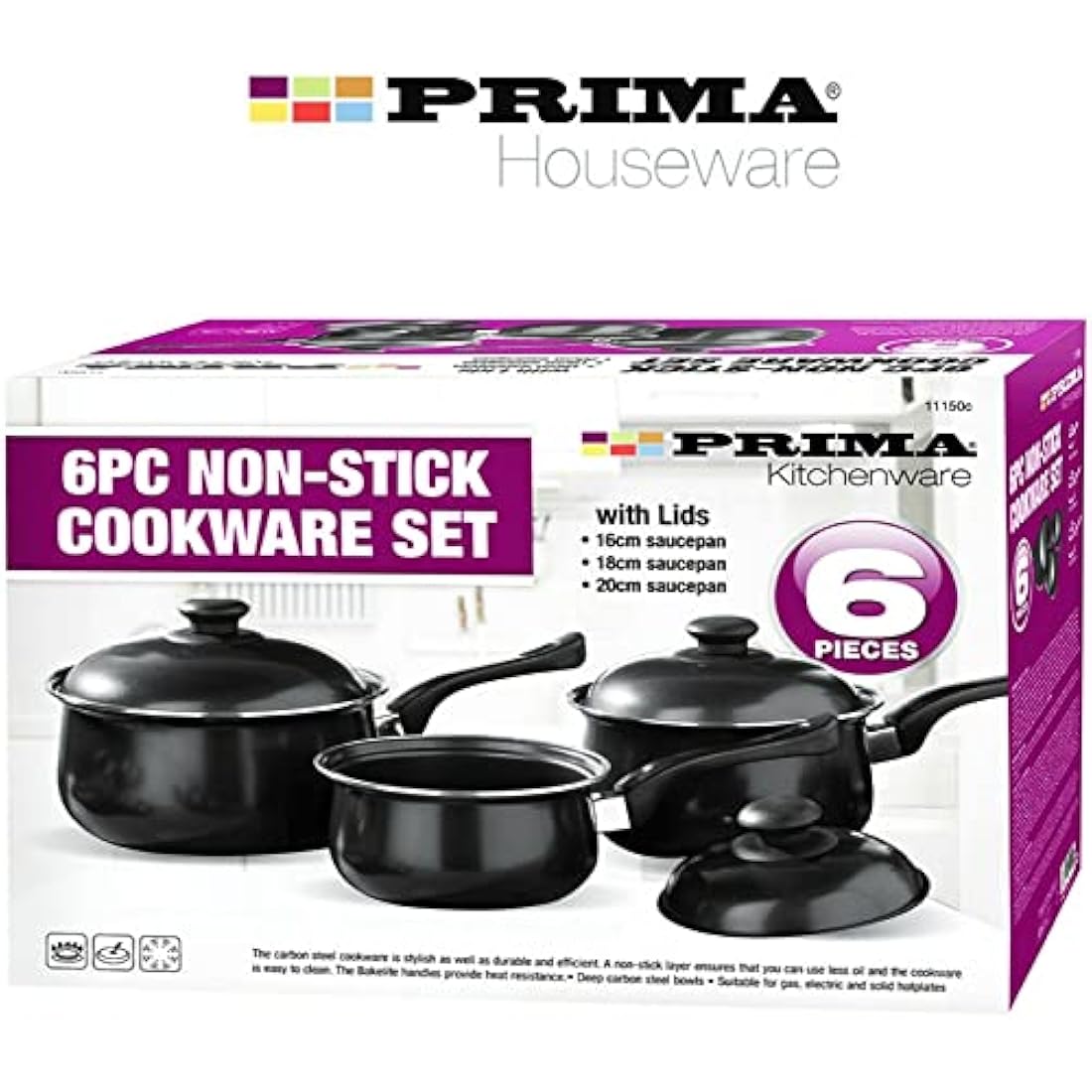 NTI 6 Pcs Black Carbon Steel Saucepan Set | Prima Cookware | Non-Stick with Lids | Cooking Pots | Home Kitchen Chef | Housewarming Gifts | Healthy Food Cooker 16/18/20cm | Durable UK Free P&P