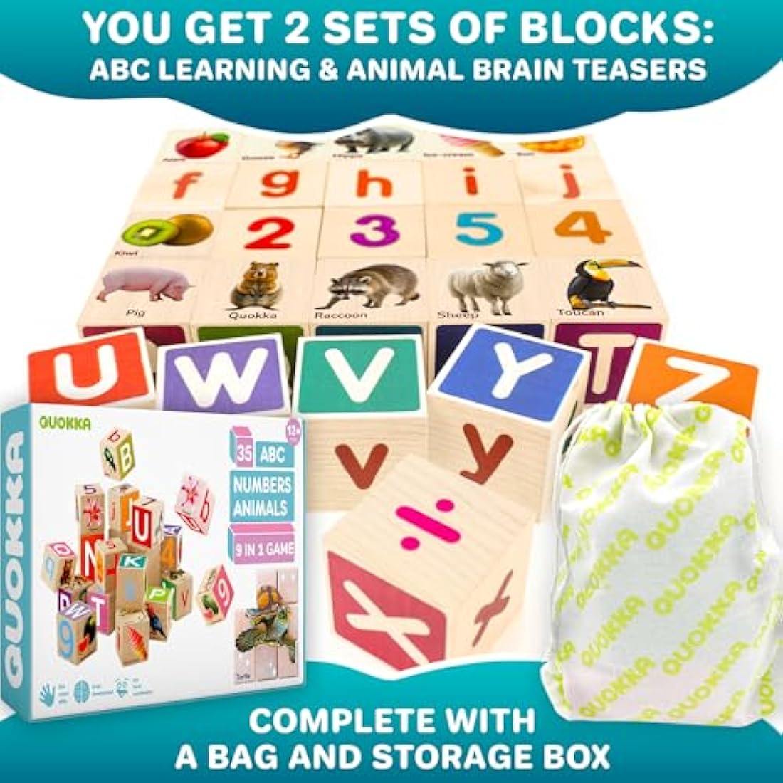 QUOKKA Wooden Blocks for Toddlers 1-3 - Realistic ABC Learning Baby Blocks for Kids 3-5 Year Olds - Stacking Alphabet Wood Toys for 2-4 yo - Learn Letters Numbers