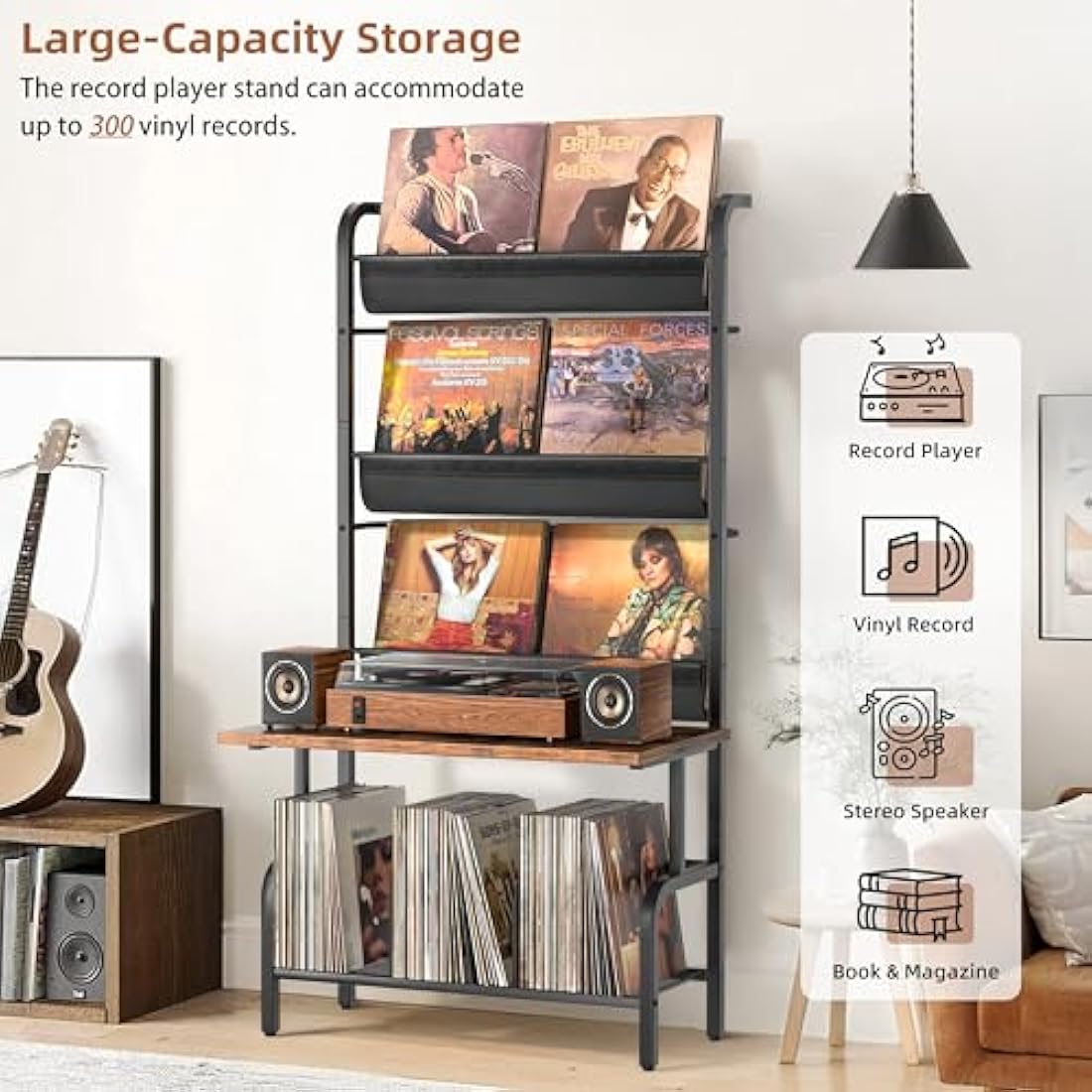 Bikoney Vinyl Record Storage Cabinet - Turntable Stand with Record Holder, Vinyl Wall Mount for up to 300 Albums, Display Shelf Bigger Storage