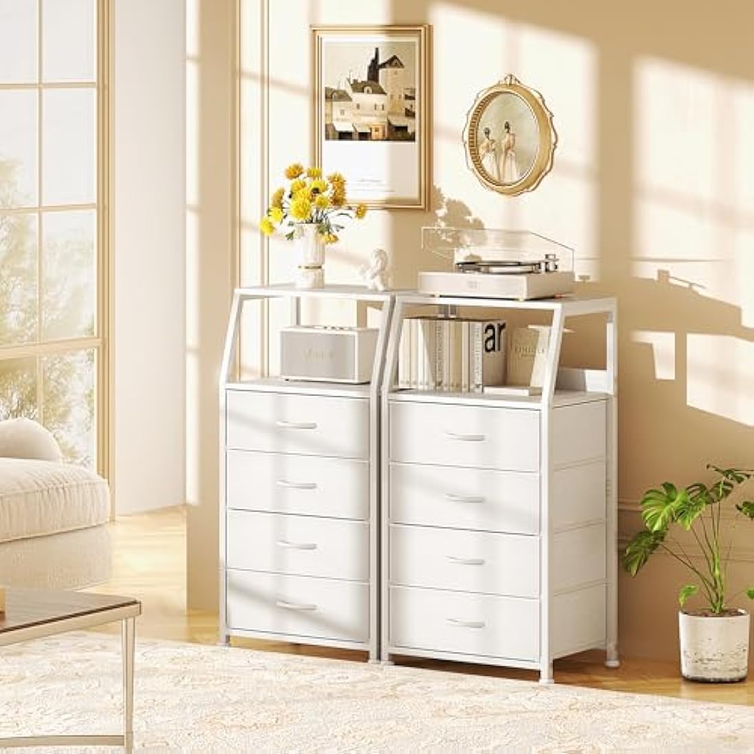 CAIYUN Chest of Drawers Bedroom with 5 Drawers, Tall Fabric Dresser with Shelf, Fabric Dresser for Entryway Hallway Living Room, Closet Storage Drawer, White