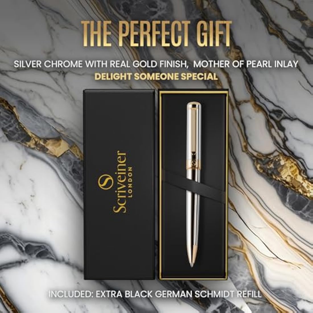 Scriveiner Silver Chrome Ballpoint - Stunning Luxury Pen, Real Gold Finish, Schmidt Black Refill, Best Ball Pen Gift Set for Men & Women, Professional, Executive, Office, Nice, Fancy Pens