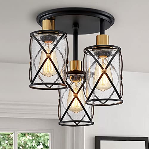 WUZUPS Chandelier Semi Flushmount Industrial 3-Light Ceiling Light Fixture Clear Seeded Glass Shade for Entryway Porch Foyer Kitchen Dining Room