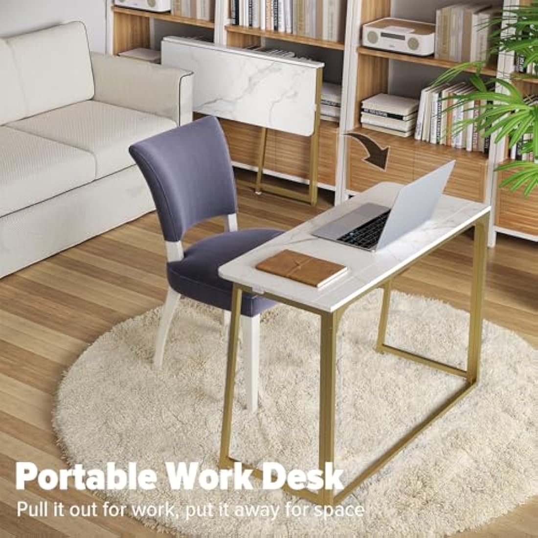 WOHOMO Folding Desk, Small Writing Desk, Space-Saving Foldable Laptop Table Writing Workstation for Home Office, Easy Assembly, White and Gold