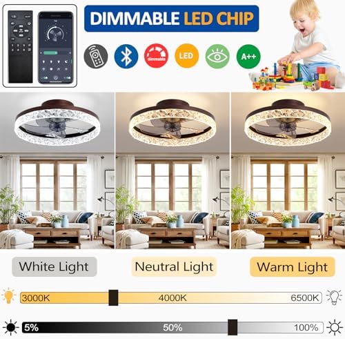 Exlafi Quiet Ceiling Fans with Lights Remote Control, Modern Lighting Fan Ceiling Light LED Dimmable Ceiling Fan Lamps for Bedroom Living Room, Fan Reversible and 6 Speeds (White, 50CM)