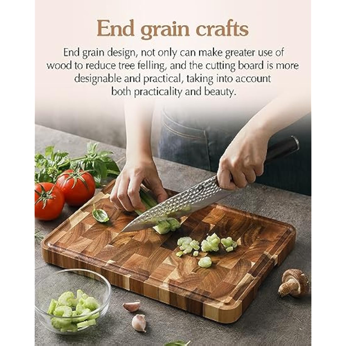 XINZUO Acacia Wood Cutting Board for Kitchen End Grain (13.8''L x 9.8''W x 1''T)-Wooden Chopping Board Meat Cutting Board with Non-Slip Feet, Side Handles and Juice Groove