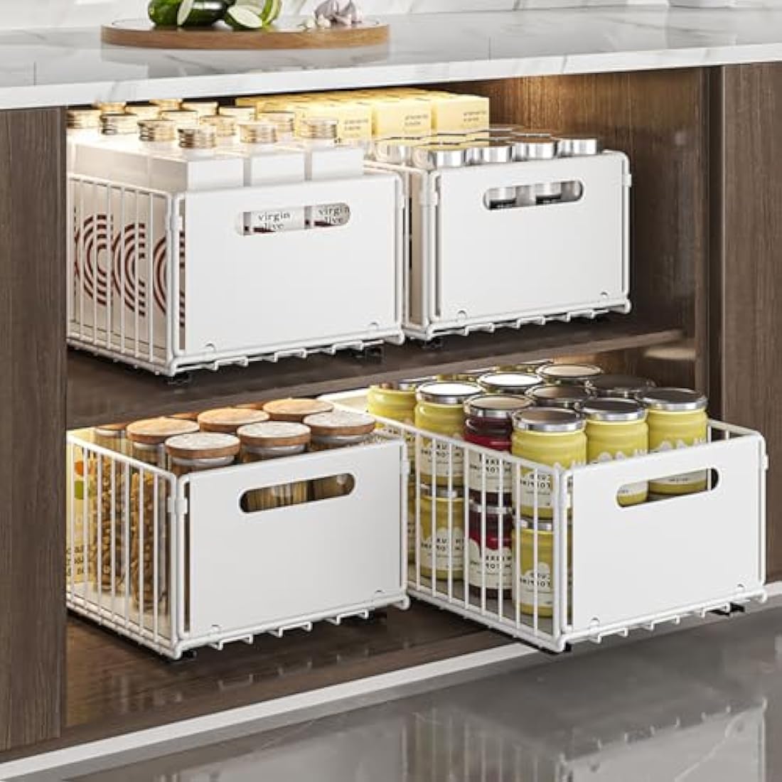 YunNasi Pull Out Cabinet Organizer Slide Out Drawer Storage Shelves Cupboard Organiser Sliding Cabinet Basket for Kitchen with Silent Slide No Drilling and Nailing (White, 2Piece 38Dx25Wx10H CM)
