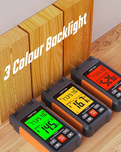 TopTes TS-630 Moisture Meter, Wood Moisture Meter with 2.25-inch 3 Colours Backlit LCD, Use for Log/Firewood/Lumber, Tracing Water Leak Dampness in Walls/Drywall/Floors, 7 Modes - Orange