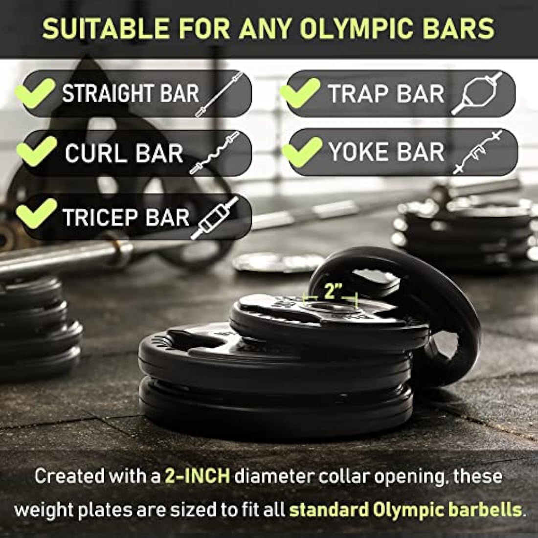 PhysKcal Olympic Weight Plates with Rubber Finish 2’’ Opening and Tri-Grips, Black Barbell Plates Discs for Lifting and Strength Training, Solid Cast Iron Core Weights Set for Barbell, 1.25kg - 20kg