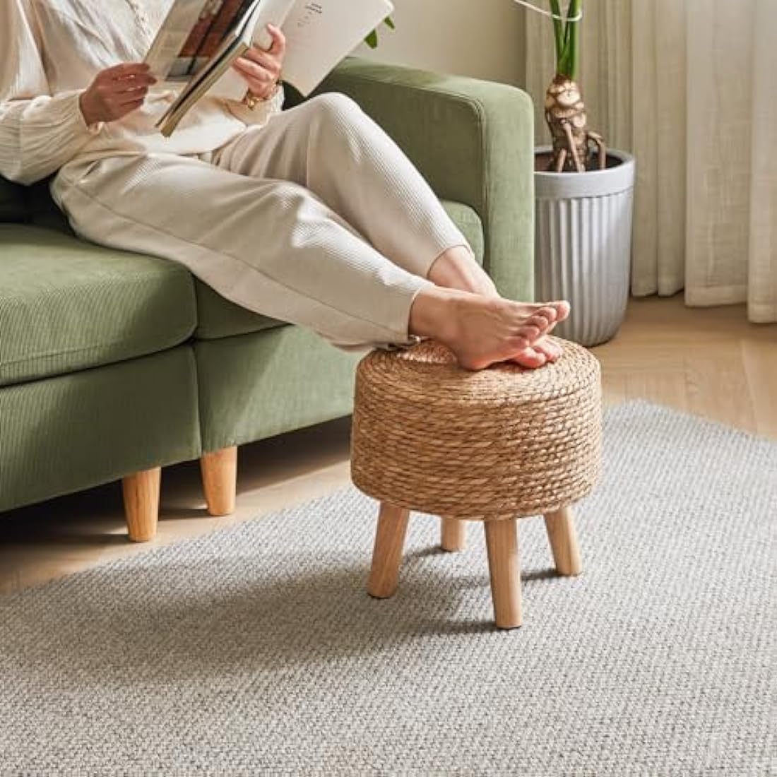 YMYNY Footstool Natural Seagrass Hand Weave, Pastoral Style Footrest, Padded Foot Rest with Non-Skid Pine Legs, Wooden Sofa Stools, for Living Room, Bedroom, 32×32×32CM, Natural Color HBD027N