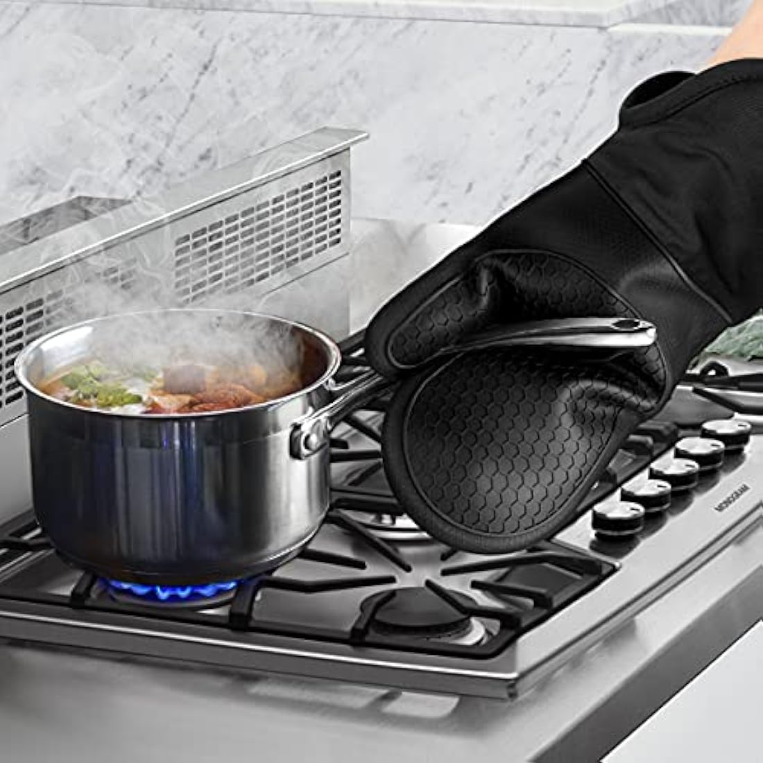 Philorn Silicone Glove Waterproof Heat Resistant Oven Mitts Non-slip with 2 Insulation Pads Long Cotton Cuffs BBQ Baking Smoking Potholders (Black)
