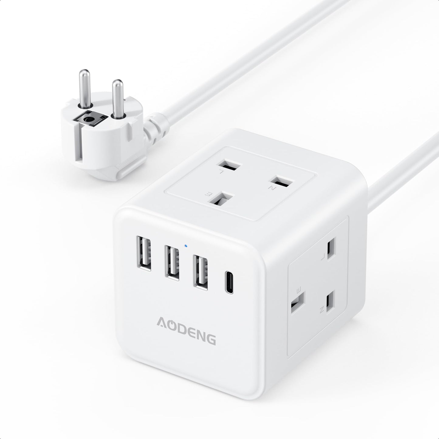 UK to European Plug Adapter with 1.5M Extension Cable, Aodeng 4 Way Travel Extension Lead with 4 USB Compact Type E/F Travel Adapter for Germany