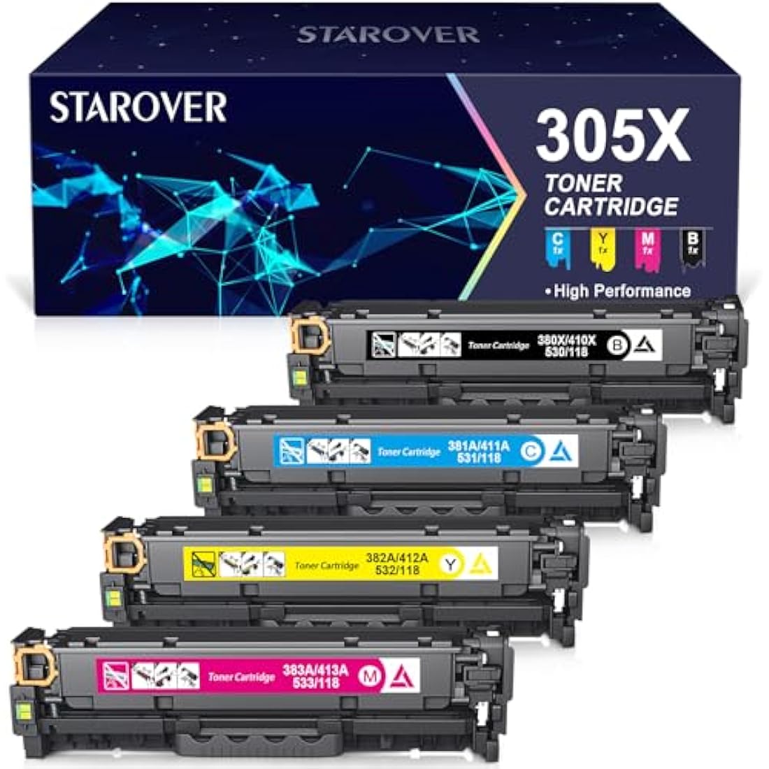 STAROVER 305X CE410X Remanufactured Compatible Toner Cartridge Replacement for HP 305A CE411A CE412A CE413A for HP Laserjet Pro 400 Color M451dn M451nw M451dw MFP M475dw M475dn M375nw M351a (4-Pack)