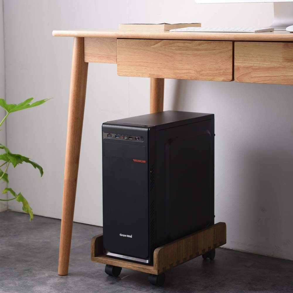 KIRIGEN Wooden CPU Stand PC Cart for ATX Tower, Adjustable Computer Tower Stand with Locking Caster Wheels, Solid Wood Mobile Desktop Case Holder