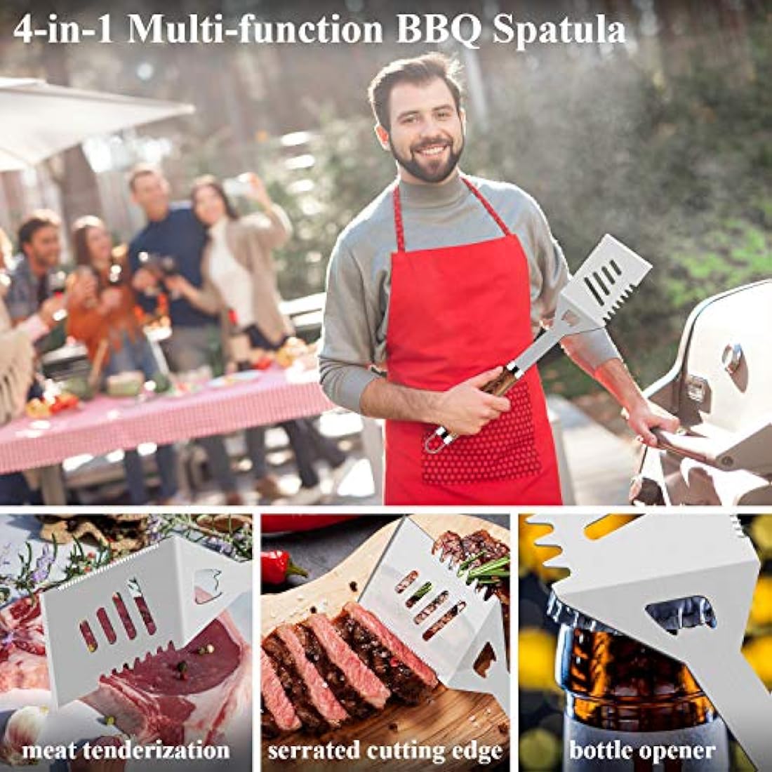 ROMANTICIST 26pcs Extra Thick Stainless Steel Grill Tool Set for Men, Heavy Duty Grilling Accessory Kit for Backyard, BBQ Utensils Gift Set with Meat Thermometer in Aluminum Case for Birthday Brown