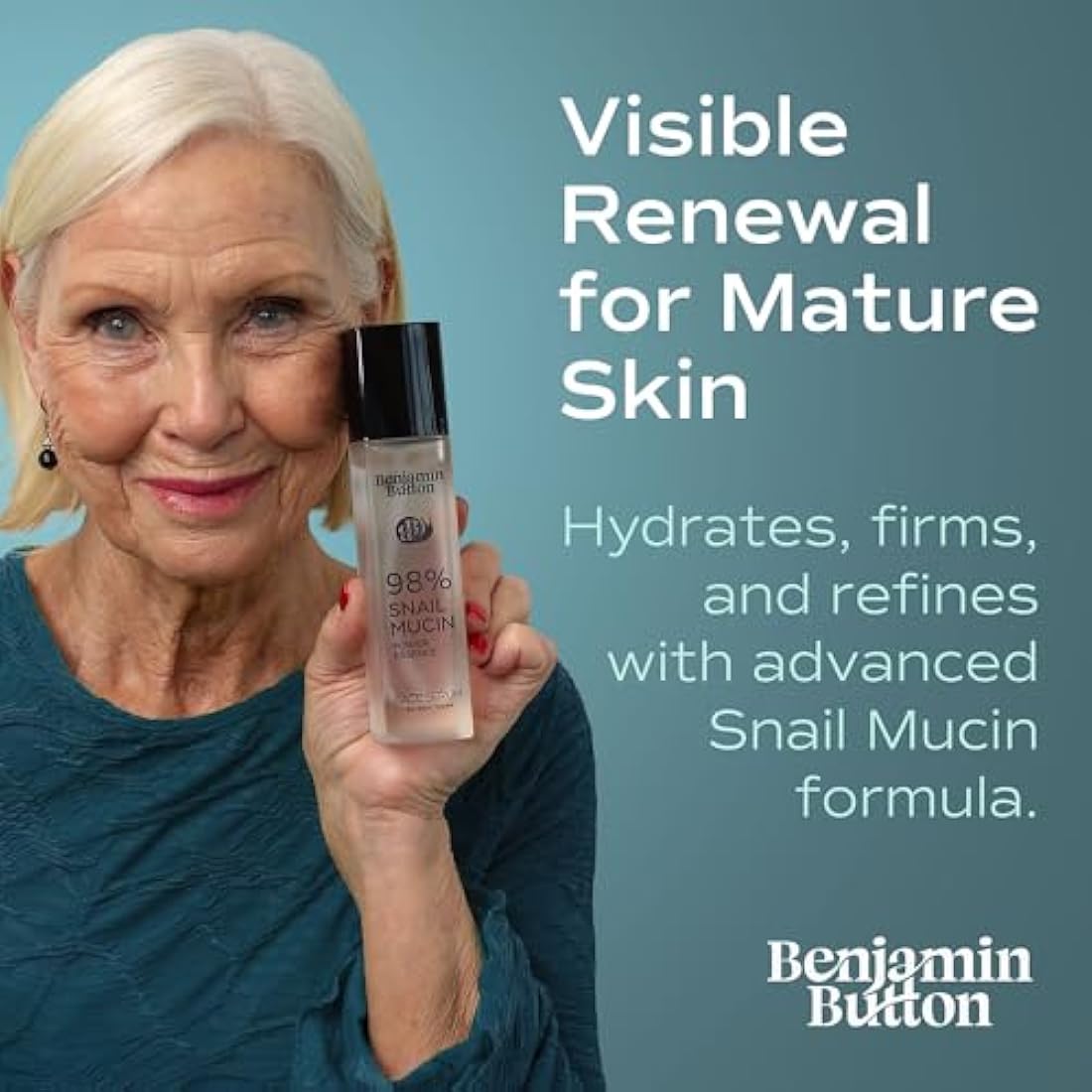 98% Snail Mucin Serum - Benjamin Button® | Hydrating, Anti-Aging, & Brightening with Hyaluronic Acid, Niacinamide, Green Tea, Aloe Vera | Ideal for Sensitive Skin & All Skin Types