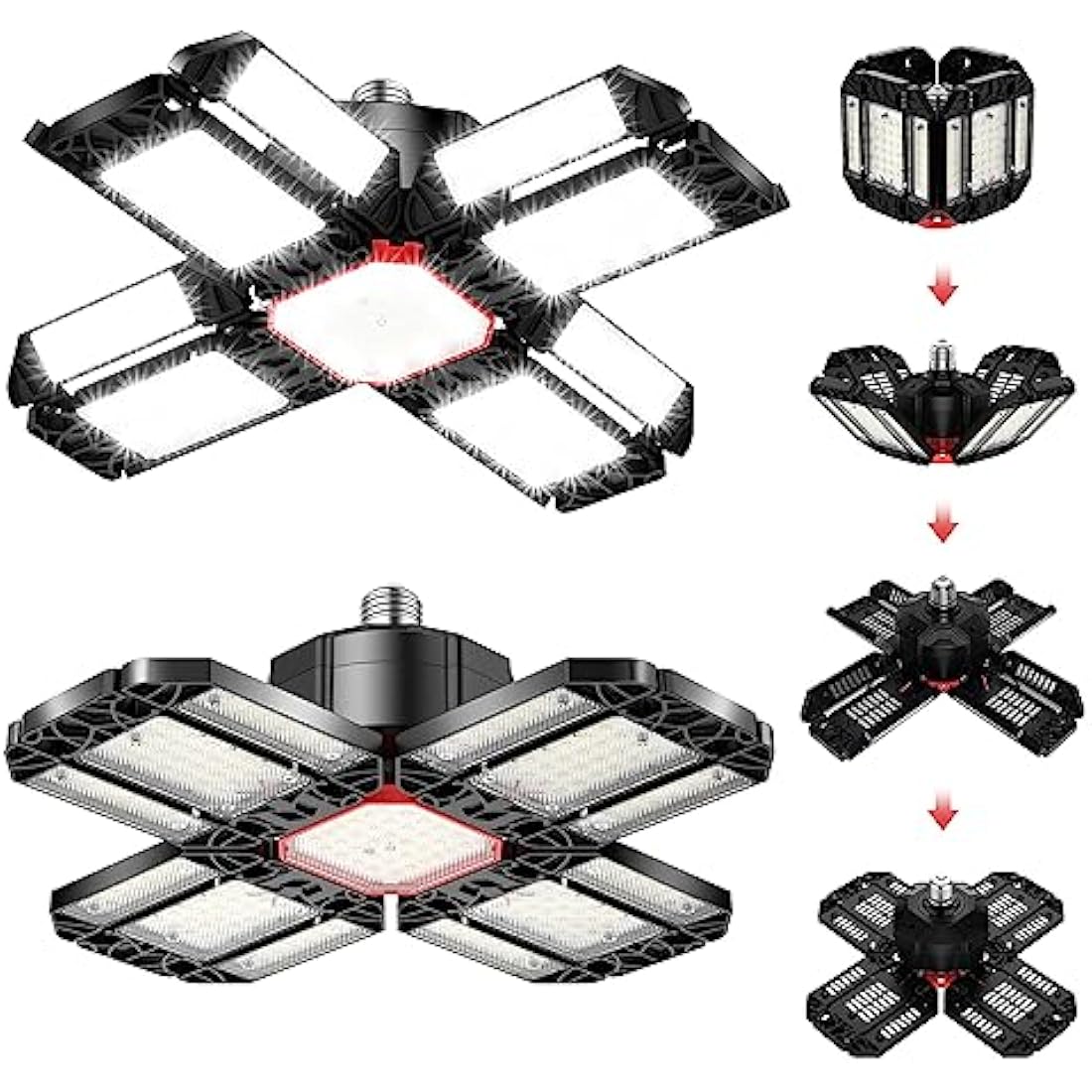 Rafow 200W LED Garage Light 2 Pack - 20000LM 6500K Deformable Ceiling Lighting Fixture with 12 Adjustable Panels - E26/E27 Bay Light for Garage | Basement | Shop | Workshop | Barn | Warehouse