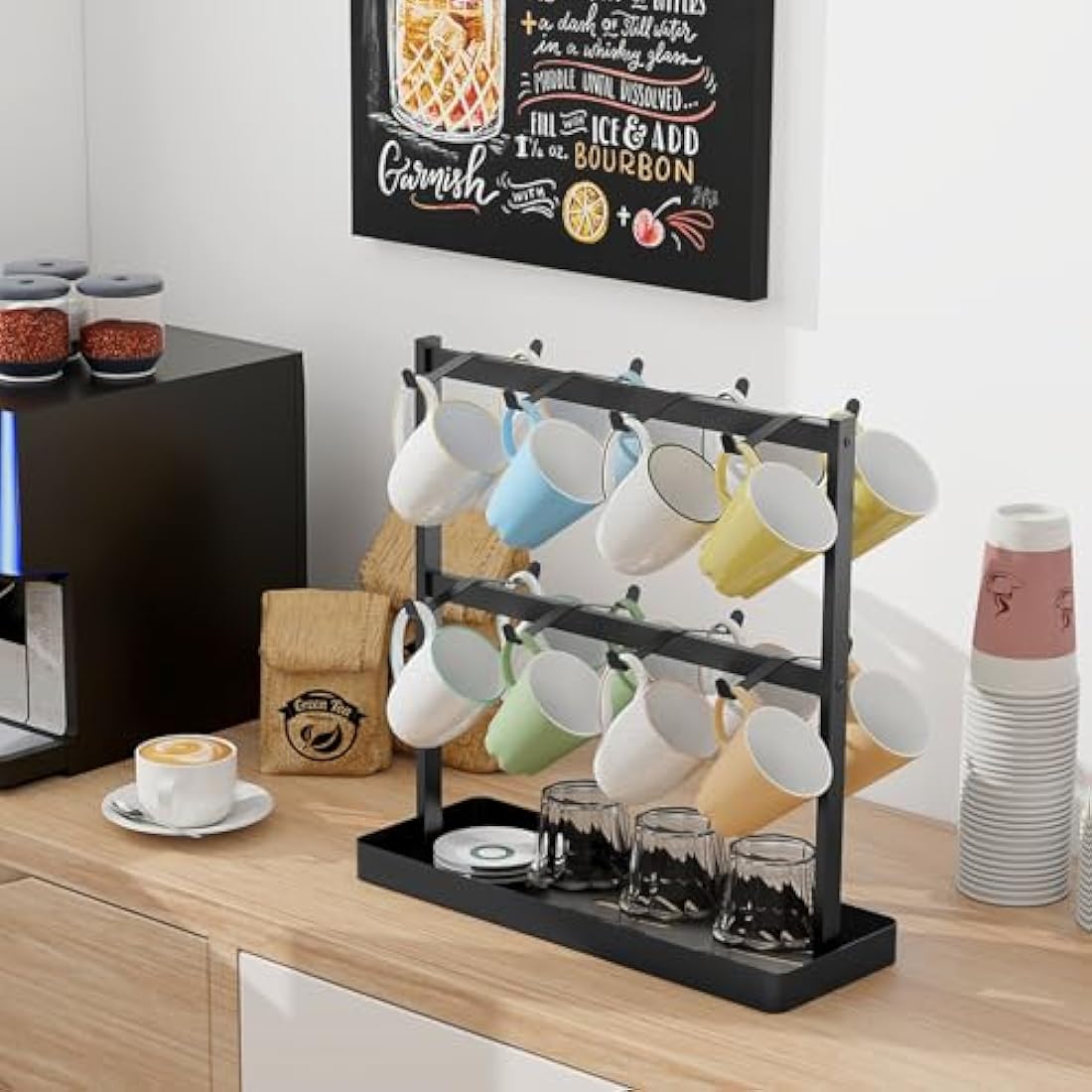 YUMORE Coffee Mug Holder Stand,16 Cup Hooks Countertop Mug Tree Holder Rack with Storage Base 2 Tier Counter Cups Mugs Display Storage Organizer for Kitchen Tea Coffee Bar, Black, Metal