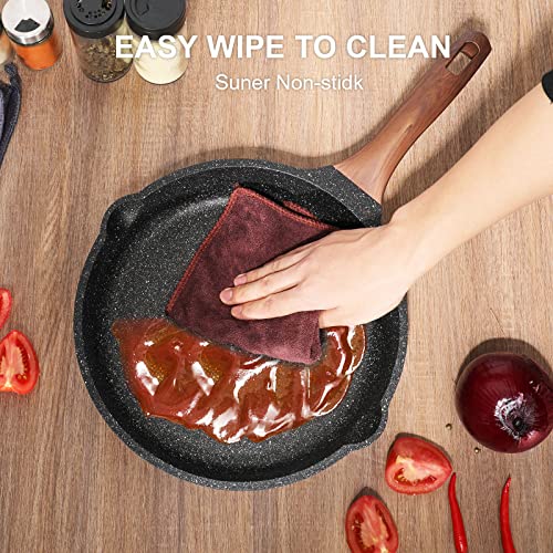 ZUOFENG Nonstick Frying Pan 28cm with Lid, Stone Pans Cookware Granite Coating, Non-Stick Saucepans Omelette Induction Pans