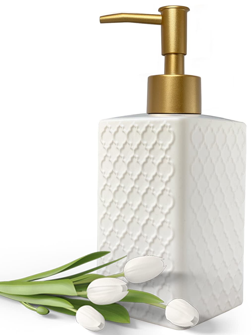 Gold Soap Dispenser for Bathroom,Retro White Square Lotion Dispenser, Refillable Countertop Ceramic Hand Soap Dispenser,Dish Soap Dispenser for