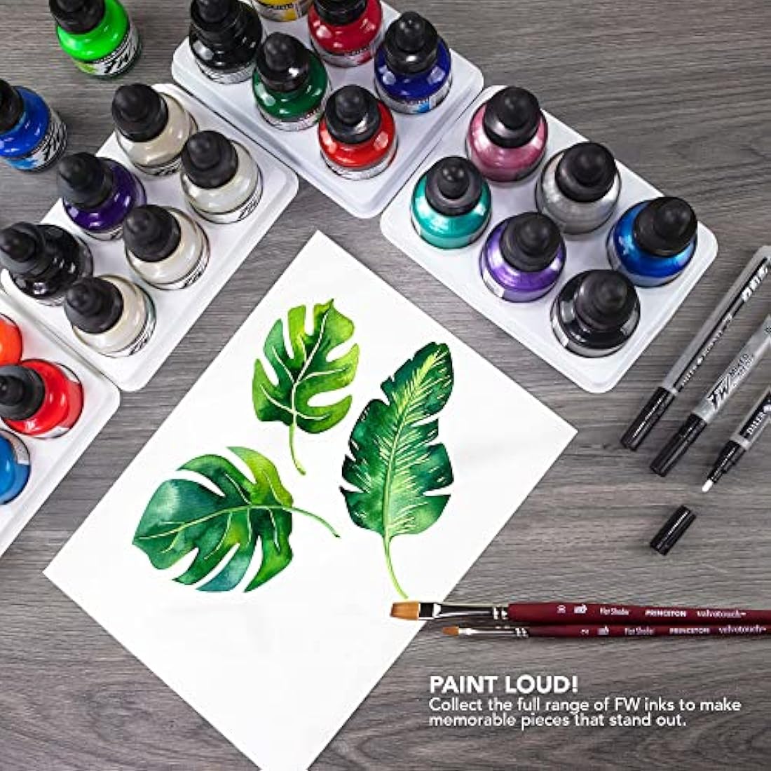 Daler-Rowney FW Neon Ink Set, 6 x 29.5ml Bottles & 1 FW Mixed Media Marker, Acrylic Based Ink, Assorted Colours, For Professional Artists & Students
