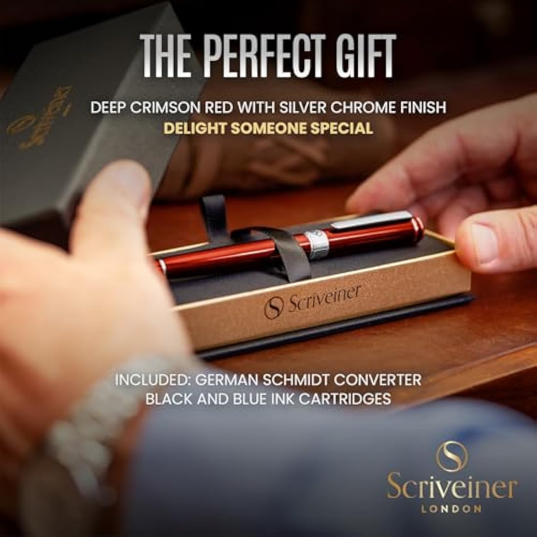 Scriveiner Red Lacquer Fountain Pen Stunning Pen with Chrome Finish, Schmidt Gilded Nib (Medium), Best Pen Gift Set for Men & Women, Professional, Executive, Office, Nice Pens