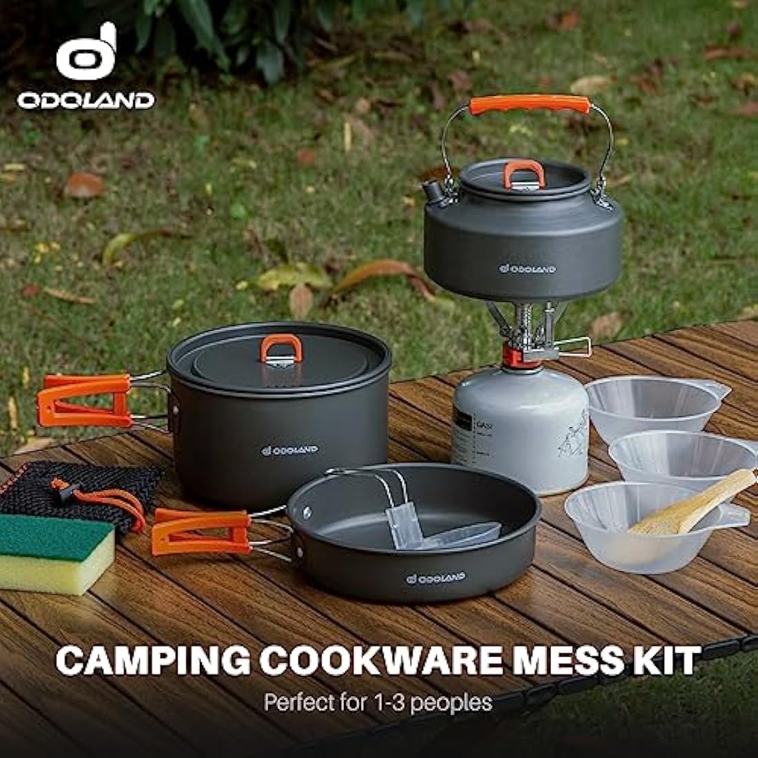 Odoland Camping Cookware Set, Cooking Utensils with Camping Pot, Camping Frying Pan and Teapots for Outdoor Cooking Hiking Travelling for 2-3 People