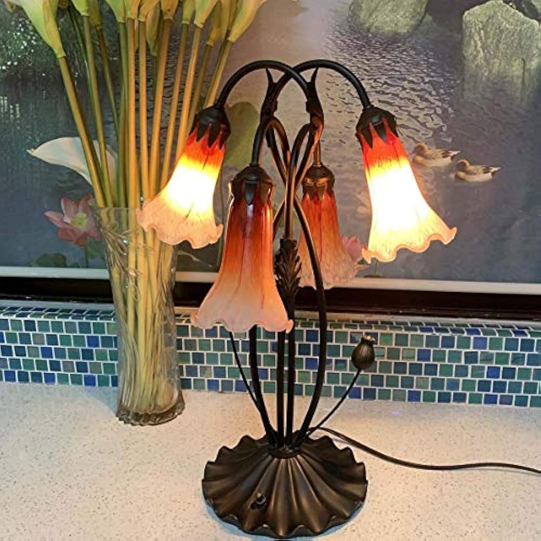 Bieye L30699 Lily Flower Blown Glass Accent Table Lamp for Living Room Bedroom Decoration (4-Light, Orange)
