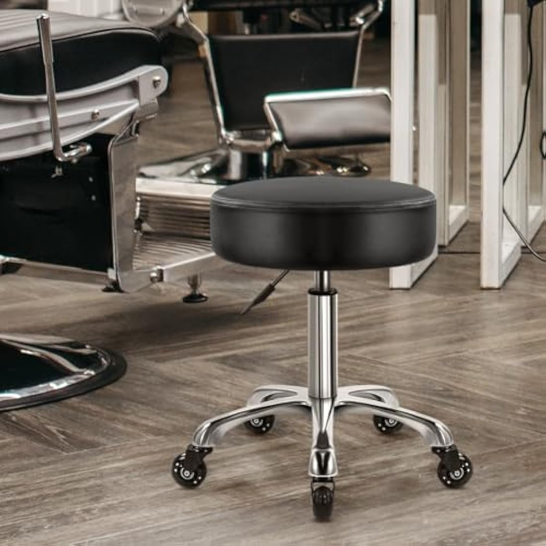 WKWKER Heavy Duty Beauty Stool On Wheels Swivel Adjustable Thick Leather Seat Chair For Kitchen Drafting Lab Office Massage Black